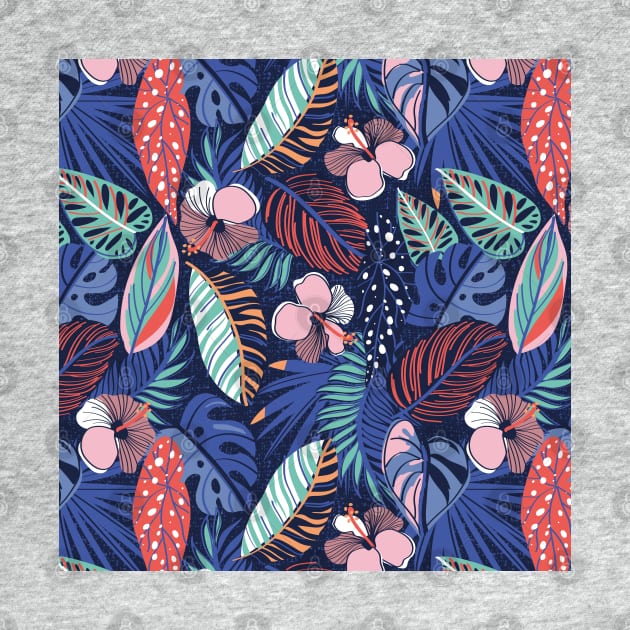 Moody tropical night // pattern // oxford blue background spearmint papaya orange denim and electric blue leaves coral cotton candy pink and dry rose hibiscus flowers by SelmaCardoso